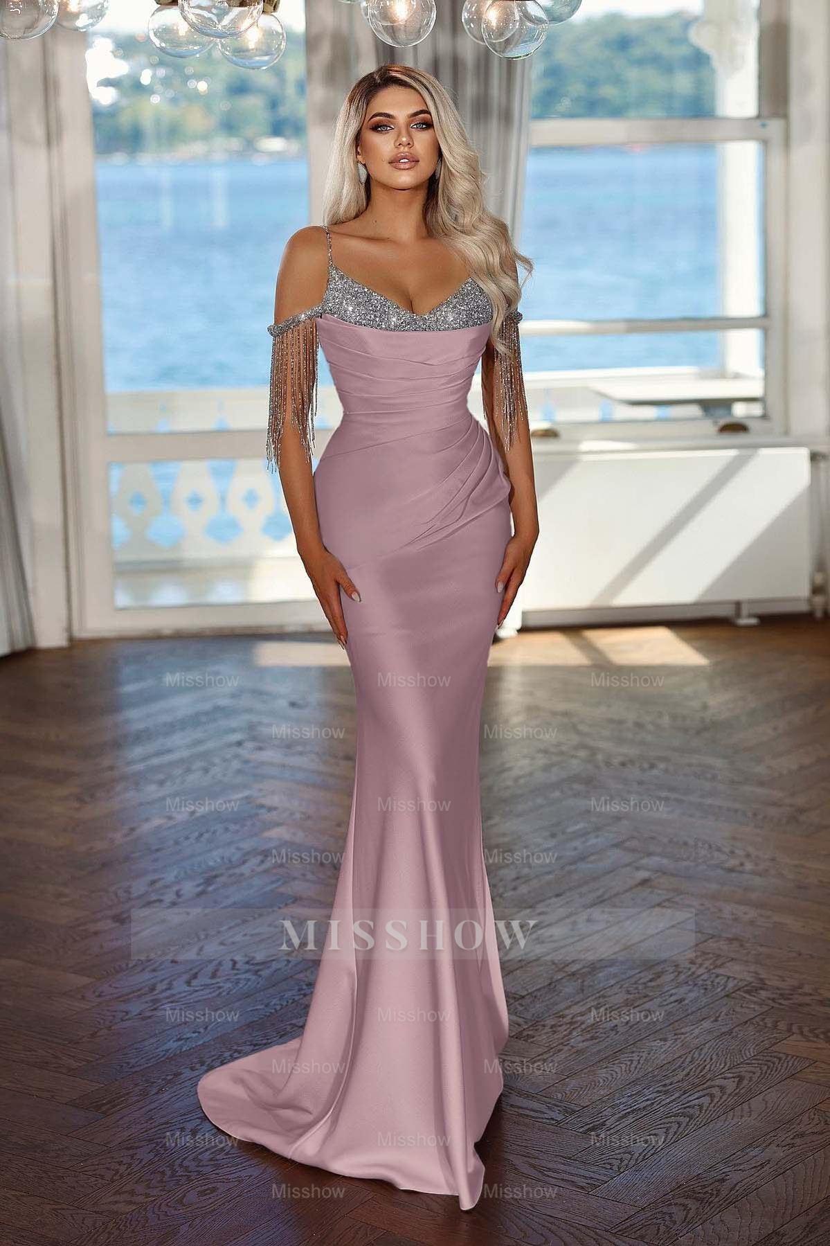 Spaghetti Strap Sleeveless Long Mermaid Formal Dress With Sequins