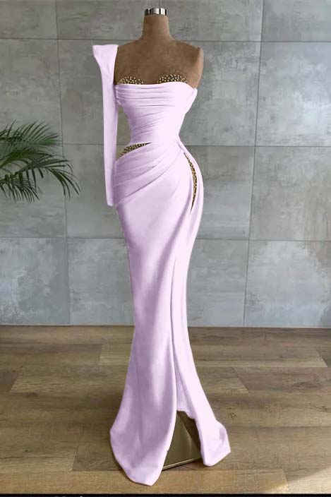 One Shoulder Long Sleeve Long High Split Formal Dress With Beading