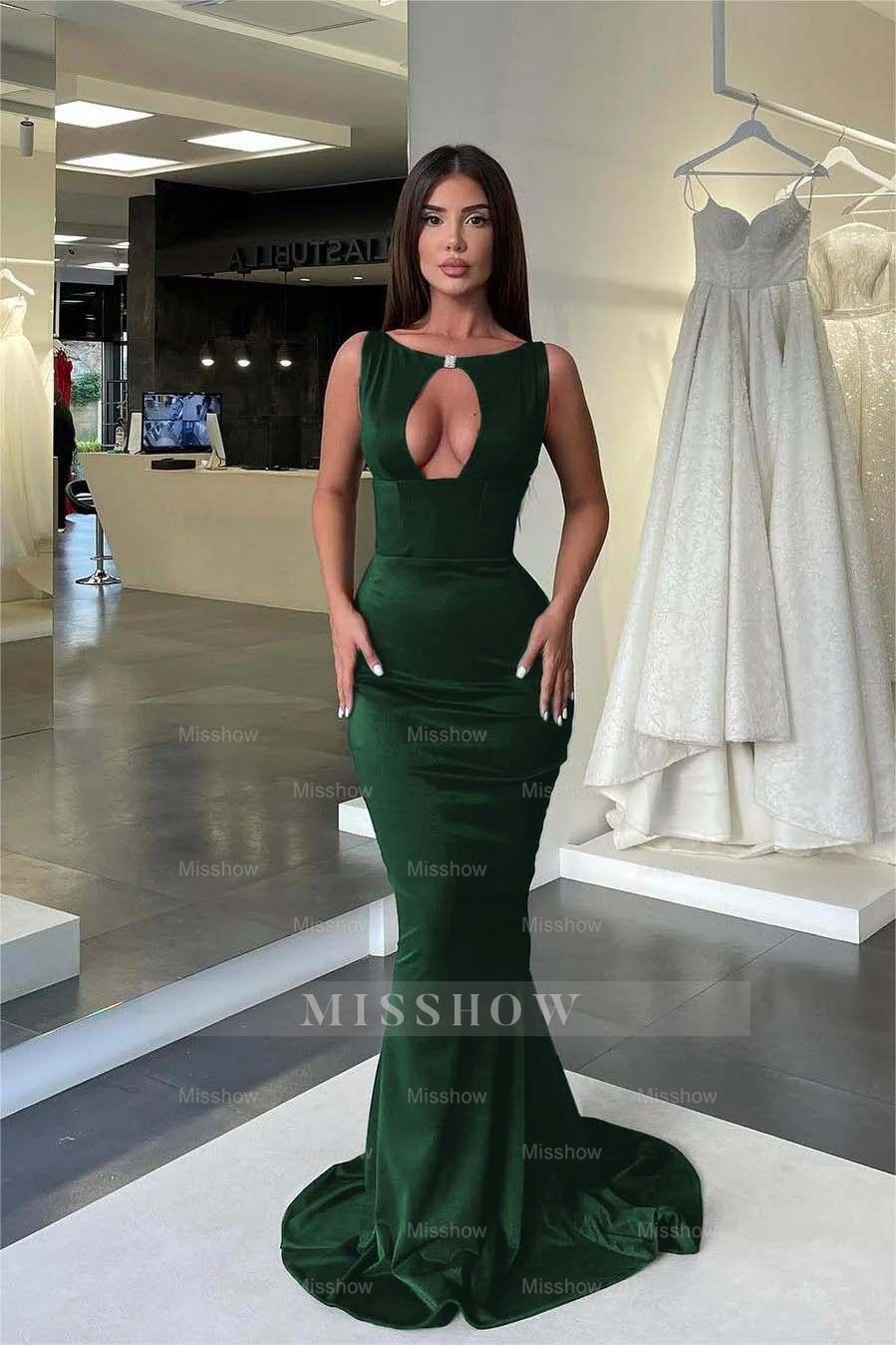 Jewel Neck Sleeveless High Waist Mermaid Formal Dress With Pleated