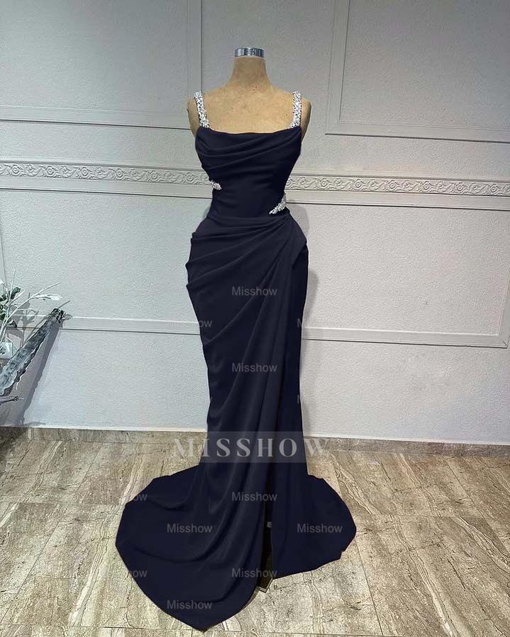 Straps Sleeveless Long Mermaid Formal Dress With Pleated Sequins