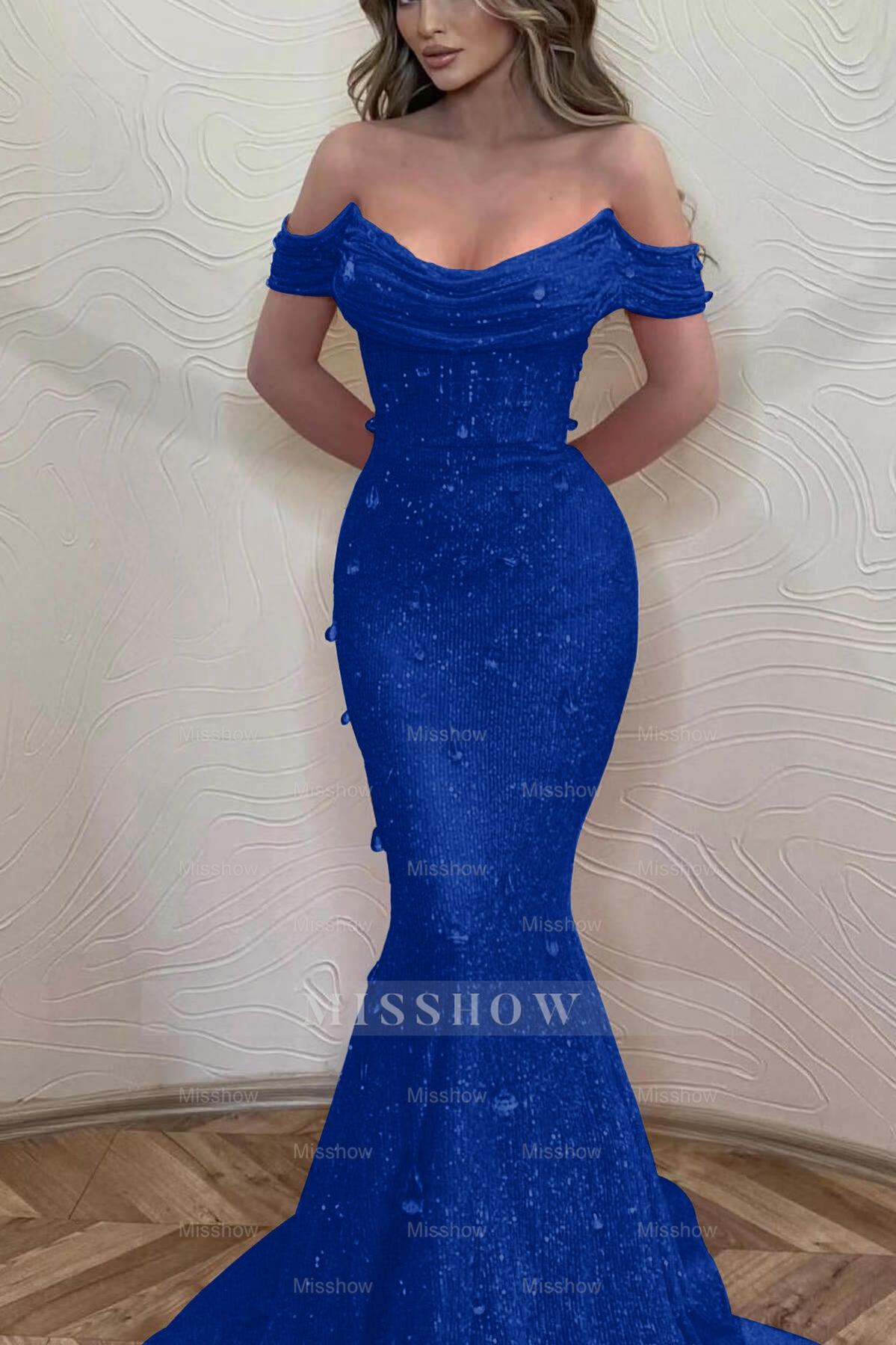 Orange Off the Shoulder Strapless Sleeveless Formal Dress With Sequins Mermaid