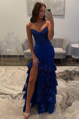 Sleeveless Strapless Long Split Formal Dress With Sequins Pleated
