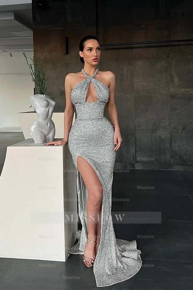 Halter Sleeveless Long Mermaid Formal Dress With Split Sequins