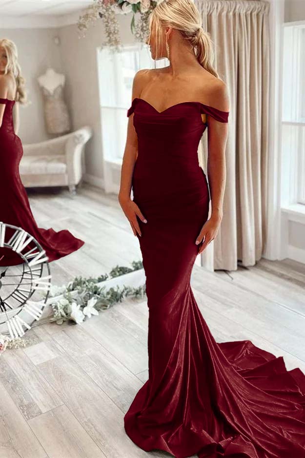 Off the Shoulder Sleeveless Mermaid Long Formal Dress With Pleated