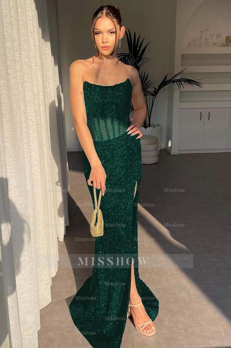 Strapless Sleeveless Mermaid Long Split Formal Dress With Sequins