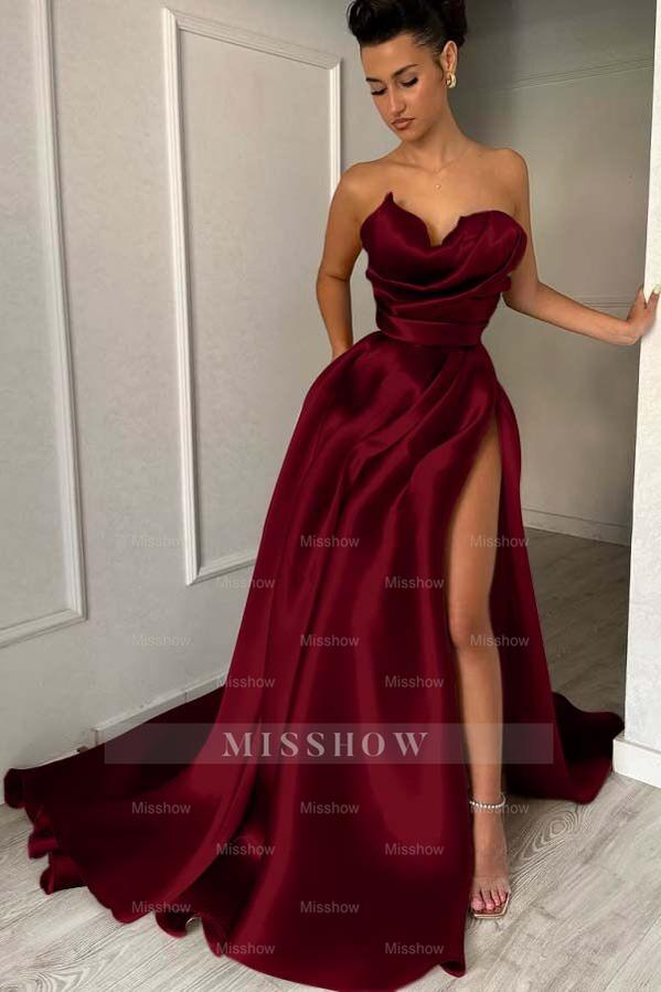 Strapless Sleeveless Long Formal Dress With High Split Pleated