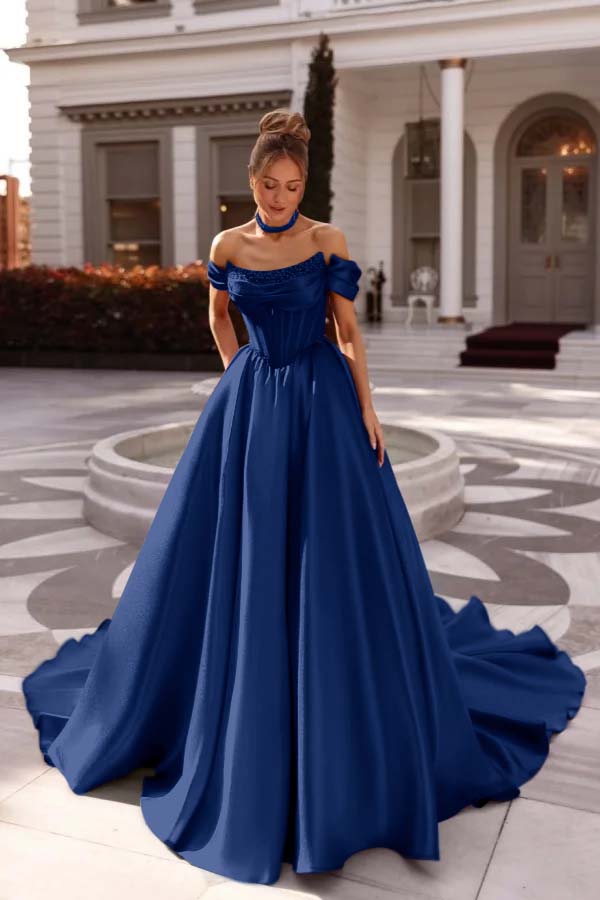 Off the Shoulder Sleeveless Long Formal Dress With Pleated Beading