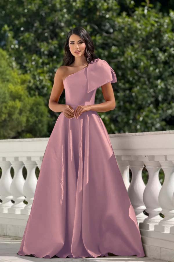 One Shoulder Sleeveless Long Formal Dress With Pleated Bowknot
