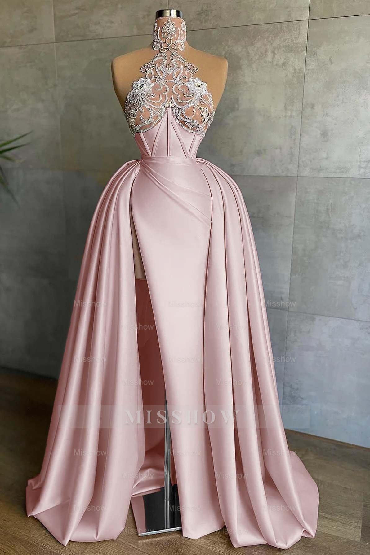 Halter Sleeveless Mermaid Split Long Formal Dress With Appliques