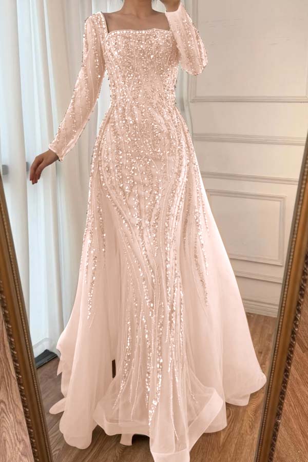 Square Neck Long Sleeves Long Mermaid Formal Dress With Beading Tulle