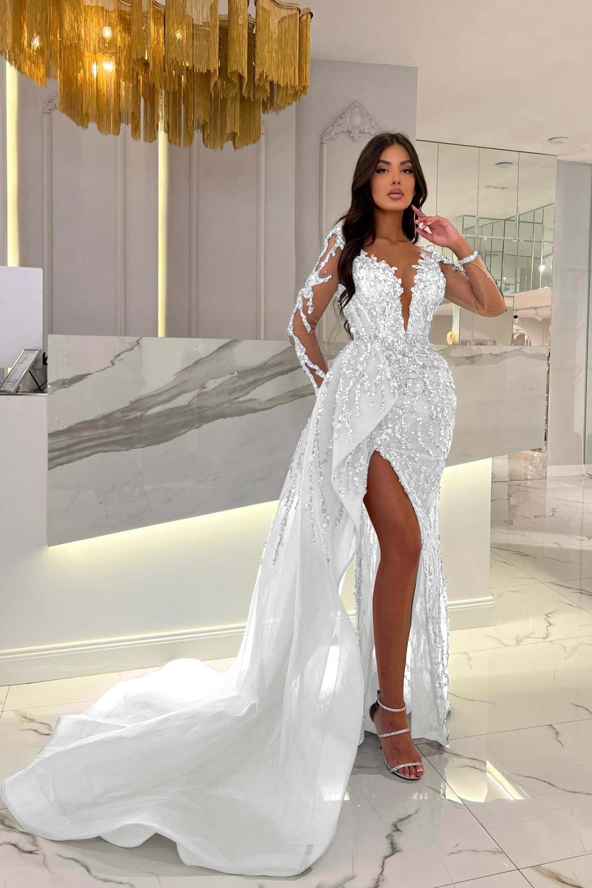 Shiny Blue Split Long Sleeves Mermaid Beaded Formal Dress Appliques Tulle