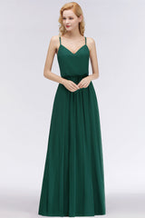 Dark Green Chiffon Spaghetti-Straps Modest Bridesmaid Dresses