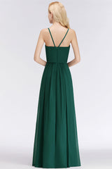 Dark Green Chiffon Spaghetti-Straps Modest Bridesmaid Dresses
