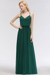 Dark Green Chiffon Spaghetti-Straps Modest Bridesmaid Dresses
