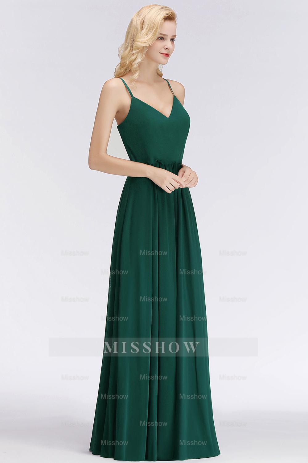 Dark Green Chiffon Spaghetti-Straps Modest Bridesmaid Dresses misshow.com Dark Green Chiffon Spaghetti-Straps Modest Bridesmaid Dresses misshow.com