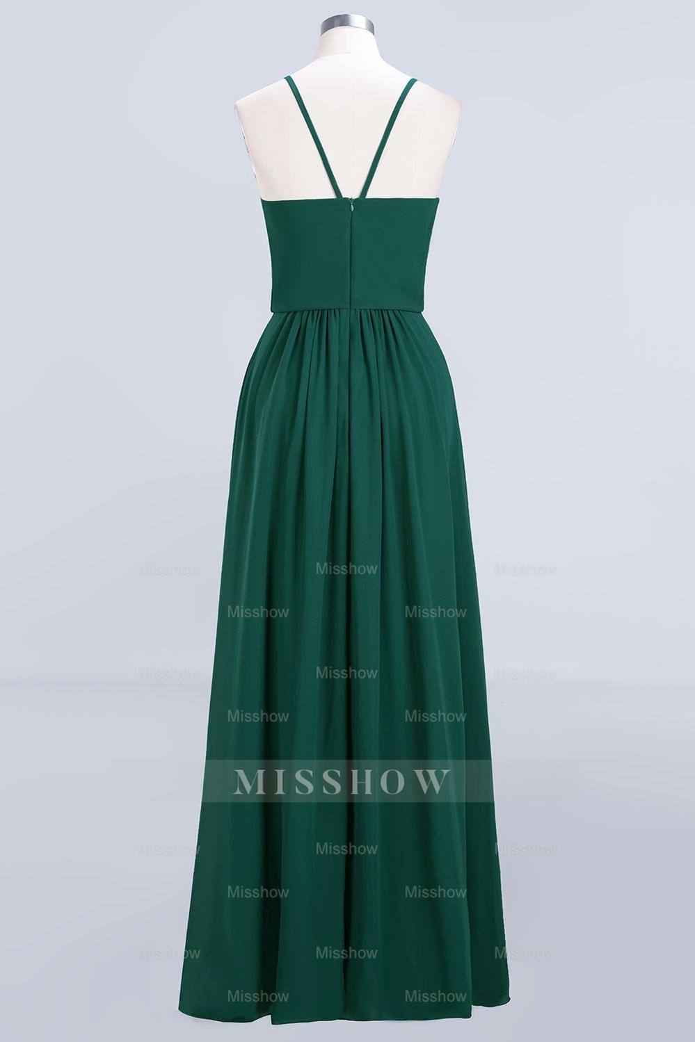Dark Green Chiffon Spaghetti-Straps Modest Bridesmaid Dresses misshow.com Dark Green Chiffon Spaghetti-Straps Modest Bridesmaid Dresses misshow.com