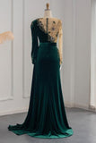 Dark Green Long Sleeves Jewel Mermaid Evening Dresses Prom Gowns With Ruffles-misshow.com