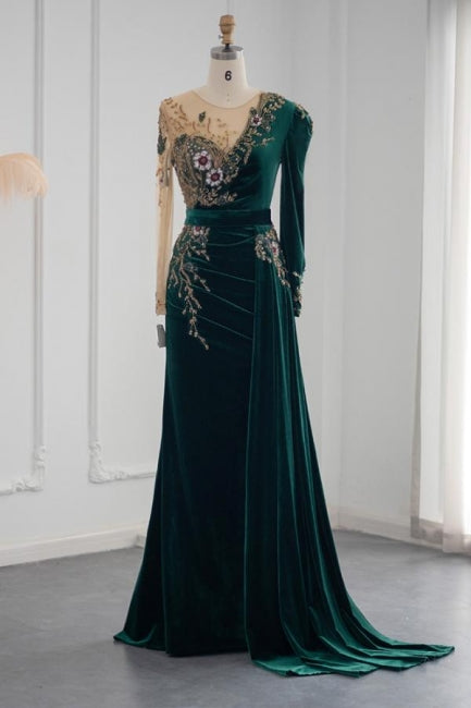 Dark Green Long Sleeves Jewel Mermaid Evening Dresses Prom Gowns With Ruffles-misshow.com