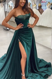 Dark Green Sequins Sleeveless Sweetheart Floor-length Split Front A-line Prom Dresses-misshow.com
