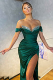Dark Green Sexy Off-the-shoulder Sleeveless Satin Floor-Length Prom Dresses with Ruffles-misshow.com