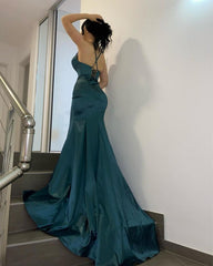 Dark Green Simple V-neck Long Mermaid Prom Evening Dresses-misshow.com