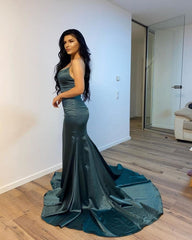 Dark Green Simple V-neck Long Mermaid Prom Evening Dresses-misshow.com