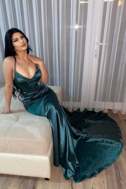 Dark Green Simple V-neck Long Mermaid Prom Evening Dresses-misshow.com