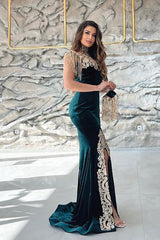 Dark Green Spaghetti Sleeveless Mermaid Floor-Length Satin Prom Evening Dresses-misshow.com
