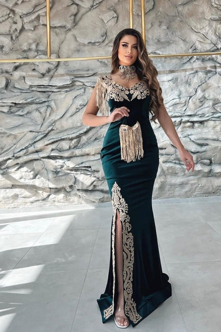 Dark Green Spaghetti Sleeveless Mermaid Floor-Length Satin Prom Evening Dresses-misshow.com