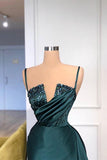 Dark Green Spaghetti-Straps Mermaid Prom Dress Beading Long Party Gowns-misshow.com