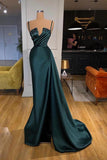 Dark Green Spaghetti-Straps Mermaid Prom Dress Beading Long Party Gowns