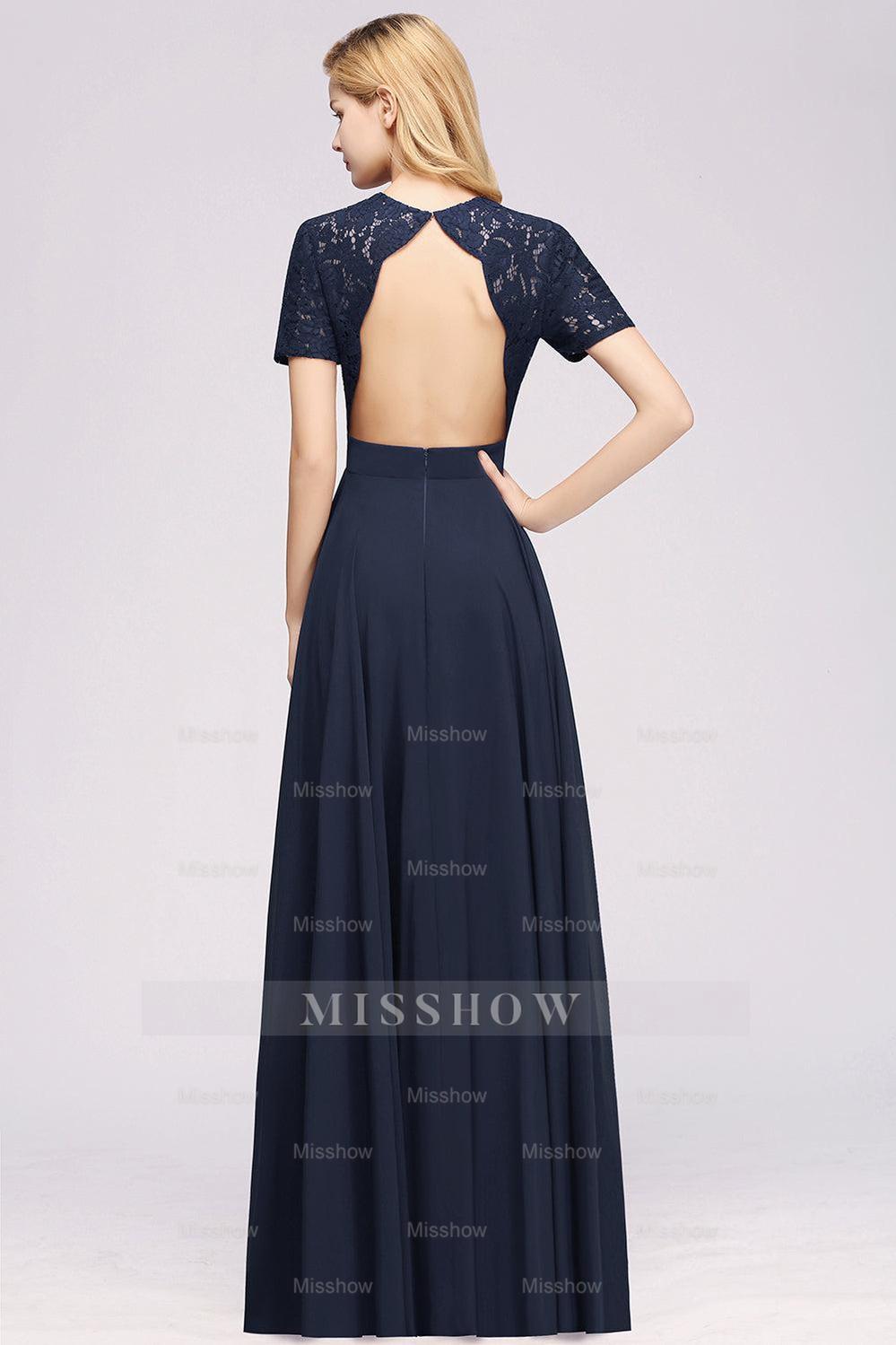 Dark Navy Open-Back Long Bridesmaid Dresses With Short Sleeves Dark Navy Open-Back Long Bridesmaid Dresses With Short Sleeves