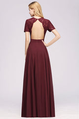 Dark Navy Open-Back Long Bridesmaid Dresses With Short Sleeves