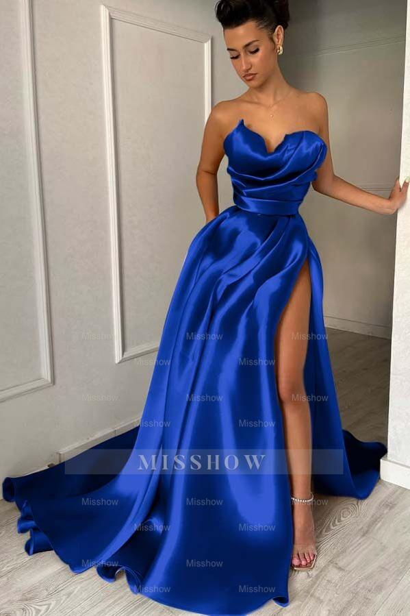 Strapless Sleeveless Long Formal Dress With High Split Pleated
