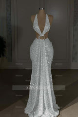 Halter Sleeveless Backless Long Mermaid Formal Dress With Sequins