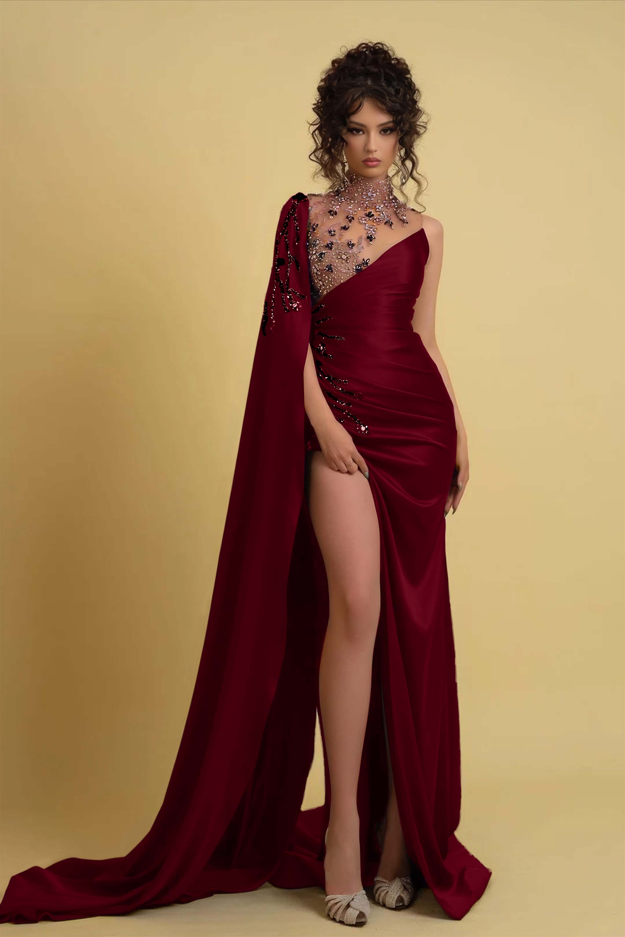 High Neck Formal Dress Regency One Shoulder With Ruched Beads