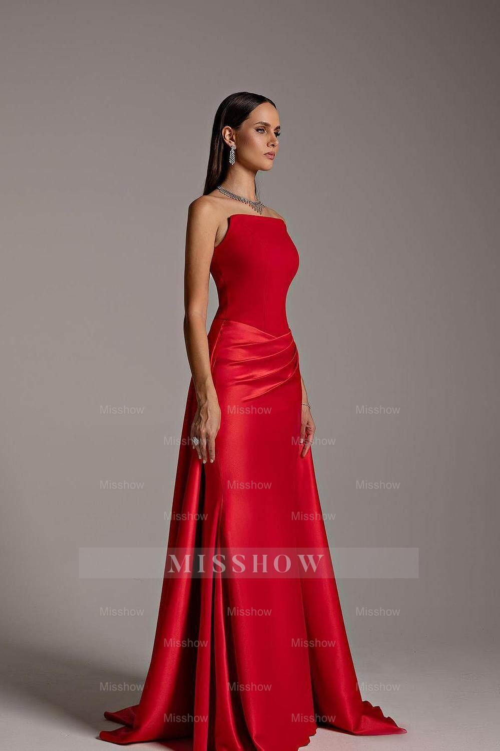 Red Strapless Sleeveless Long Mermaid Formal Dress With Pleated