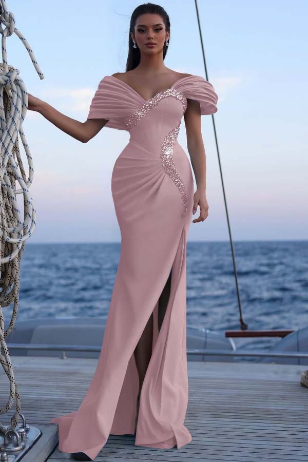 Off the Shoulder Sleeveless Long Mermaid Formal Dress With Sequins