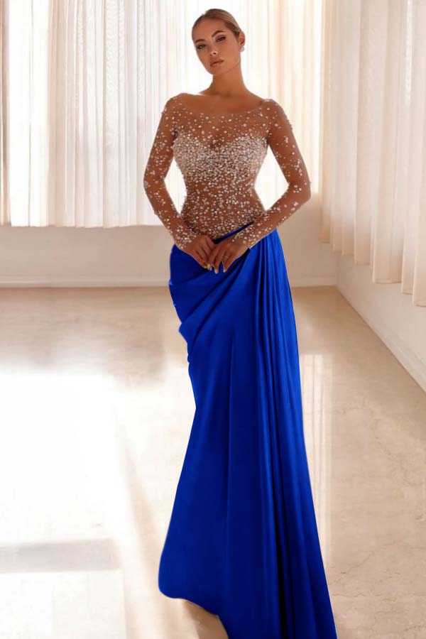 Jewel Neck Long Sleeves Long Mermaid Formal Dress With Pleated
