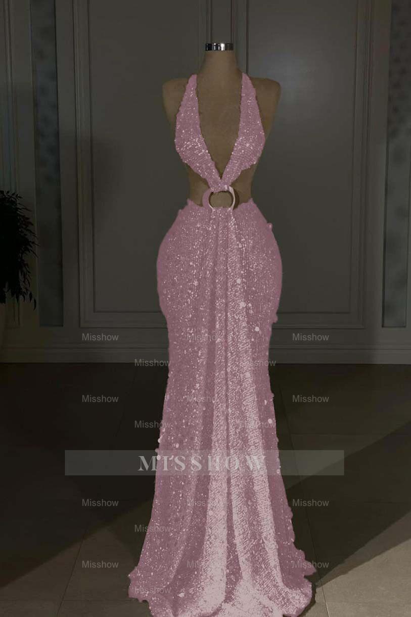 Halter Sleeveless Backless Long Mermaid Formal Dress With Sequins