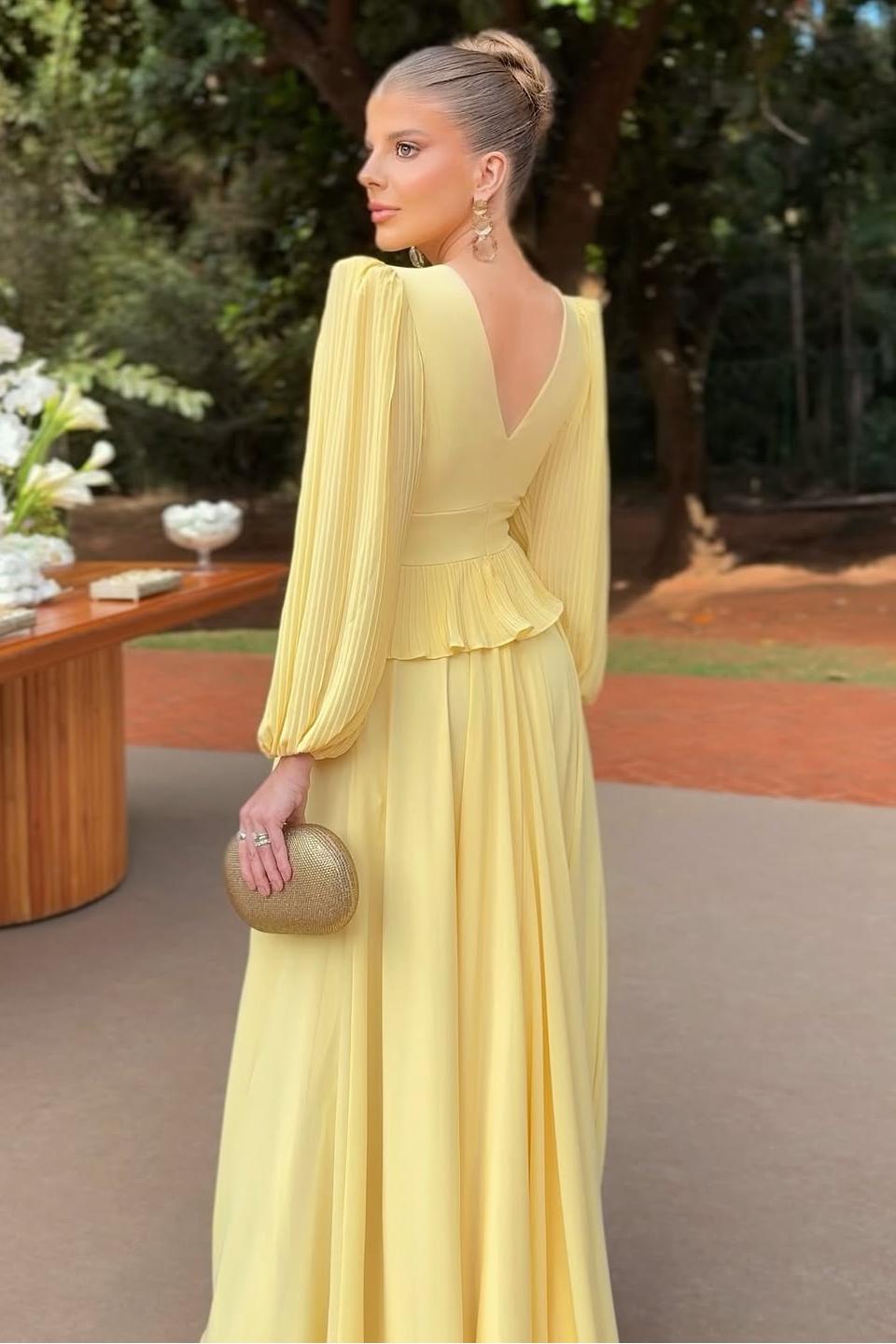 Deep V Neck Long Sleeves Long Formal Dress With Ruffles Pleated
