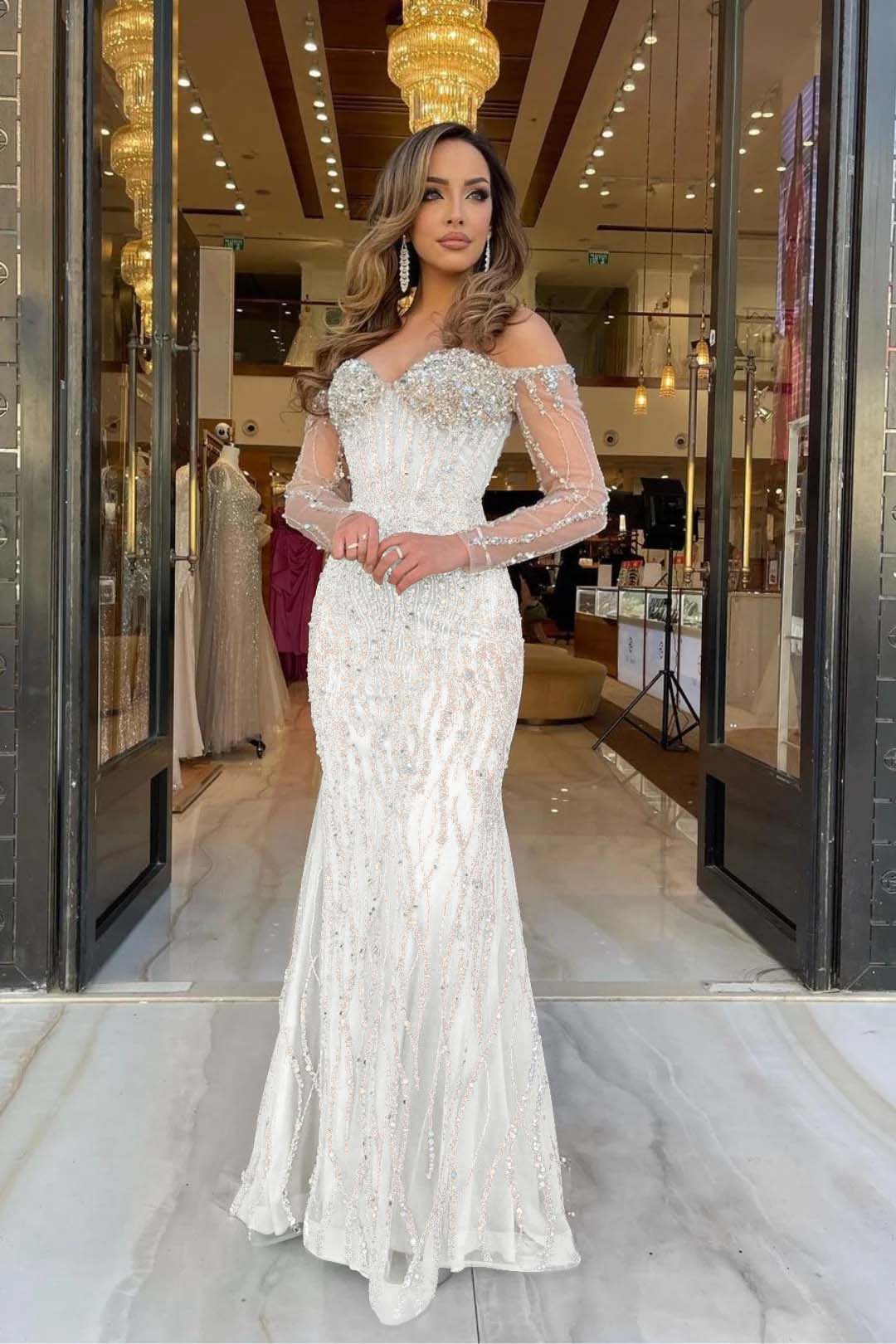 Heavy Formal Dress Sweetheart Long Sleeves Strapless Beading Long Tulle