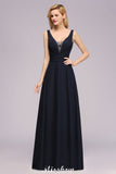 Deep V-Neck Beading A-line Bridesmaid Dress Floor Length Maid of Honor Dress-misshow.com