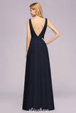 Deep V-Neck Beading A-line Bridesmaid Dress Floor Length Maid of Honor Dress-misshow.com