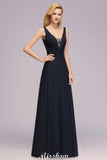 Deep V-Neck Beading A-line Bridesmaid Dress Floor Length Maid of Honor Dress-misshow.com