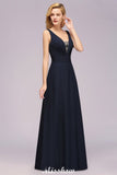 Deep V-Neck Beading A-line Bridesmaid Dress Floor Length Maid of Honor Dress-misshow.com