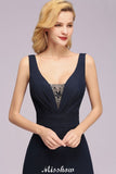 Deep V-Neck Beading A-line Bridesmaid Dress Floor Length Maid of Honor Dress-misshow.com