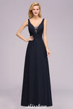 Deep V-Neck Beading A-line Bridesmaid Dress Floor Length Maid of Honor Dress-misshow.com