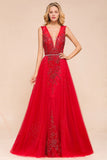 Deep V-Neck Sleeveless Lace Appliques Evening Maxi Dress A-line Chiffon Prom Dress