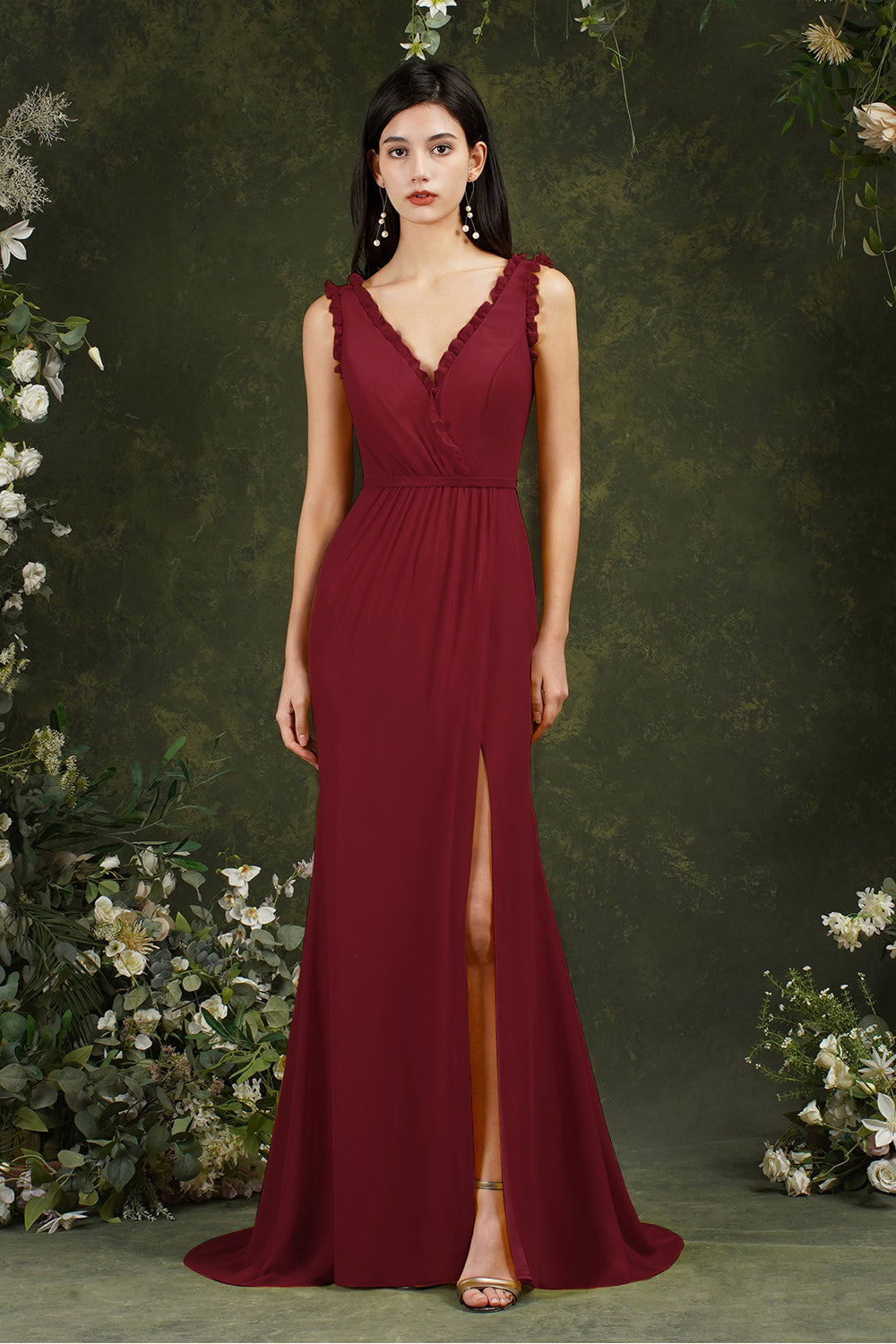 Deep V neck Sleeveless Split Front Floor-Length Prom dress-misshow.com